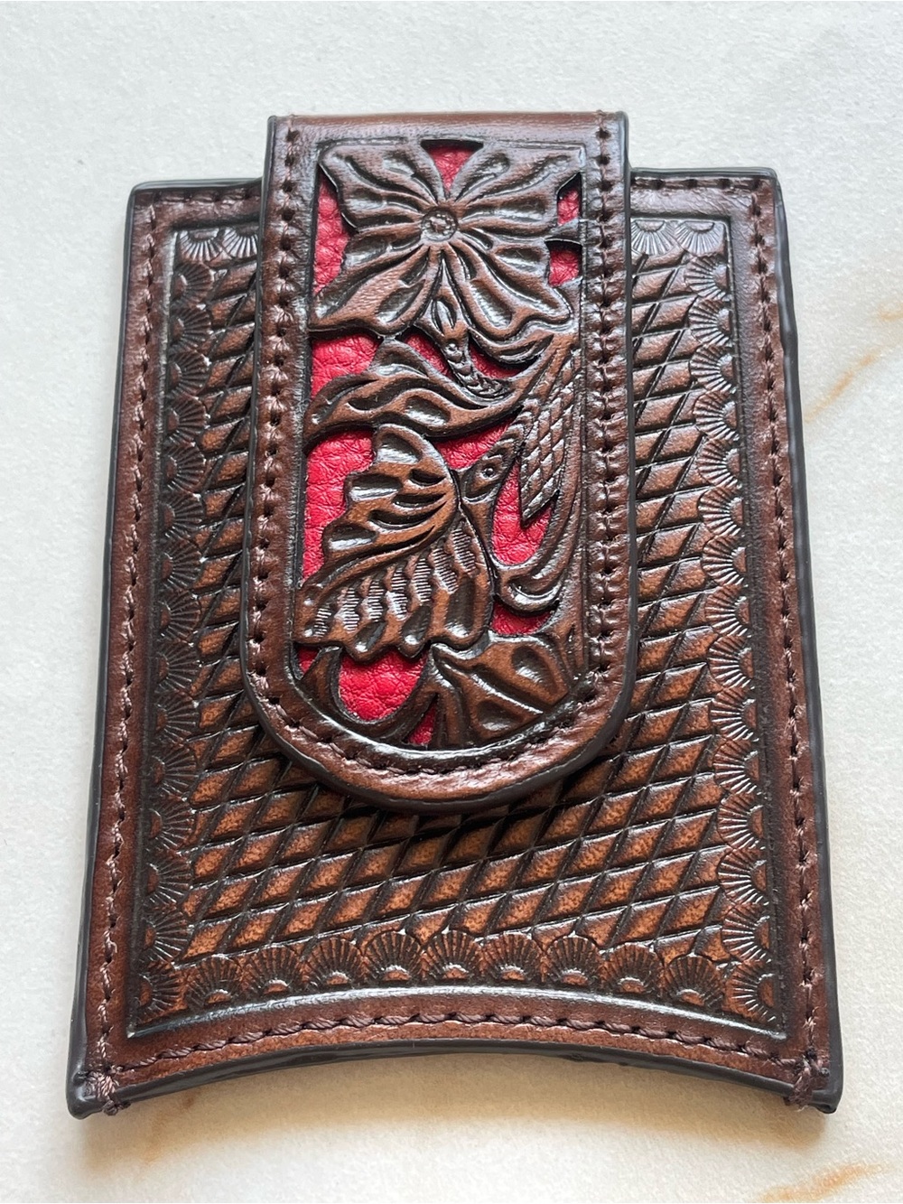 Nocona Men’s Red and Brown Floral Tooled Leather Magnetic Money Clip Wallet
